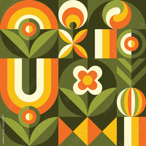 Background fruits, flowers and green leaves nature. Abstract geometric seamless pattern. Decorative ornament in flat design style. Ripe harvest banner. Floral backdrop. Organic vegetables product. 