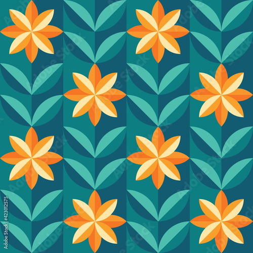 Flowers background seamless pattern design. Geometric ornament wallpaper. Nature garden decorative mosaic. Vector illustration. 