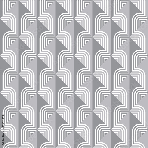 Background geometric abstract design in gray color. Seamless pattern in mid-century modern style. Arrows and stripes shapes. Vector illustration. 
