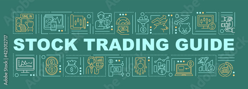 Stock trading guide word concepts banner. Tutorial for begginer stock traders. Infographics with linear icons on green background. Isolated typography. Vector outline RGB color illustration photo