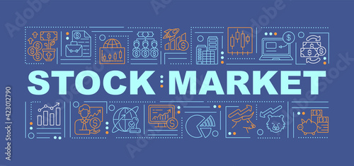 Stock market word concepts banner. Long term money investment advices. Infographics with linear icons on navy background. Isolated typography. Vector outline RGB color illustration