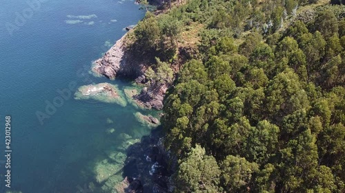 Aerial drone video of a landscape where the forest meets the sea in north Spain. photo