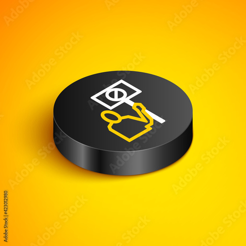 Isometric line Nature saving protest icon isolated on yellow background. Earth planet protection, environmental issues demonstration. Black circle button. Vector