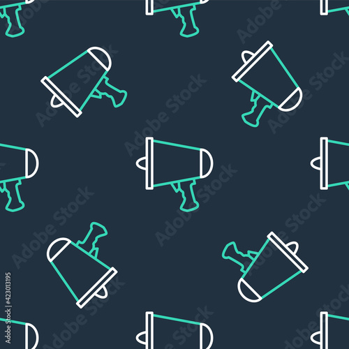 Line Spread the word, megaphone icon isolated seamless pattern on black background. Vector