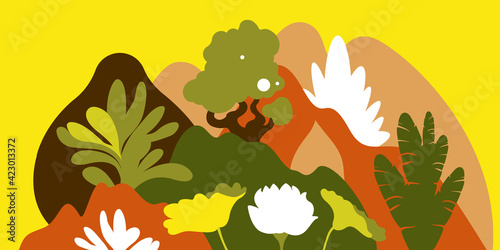 Landscape with hills, mountains and forests with broad-leaved trees. Conservation of the environment, national parks. Vector illustration. 