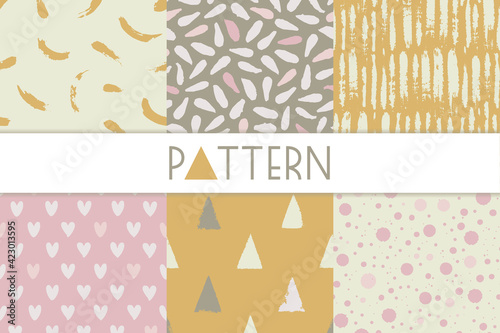 Set of seamless abstract ink patterns. Abstract design of surfaces from dots, stripes, spots. Vector illustration.