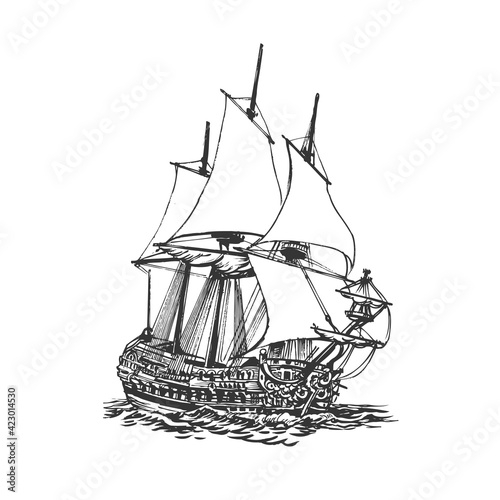 Sailing Ship Sketch Drawing. Sea or River Marine Transport	
