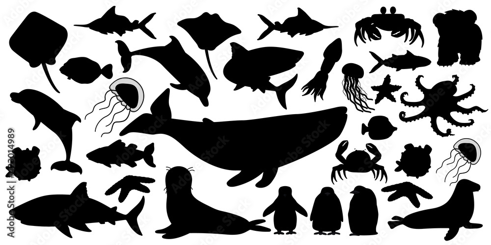 Fototapeta premium Big set of vector silhouette cartoon isolated sea ocean north animals. Whale, dolphin, shark, stingray, jellyfish, fish, stars, crab, king Penguin chick, octopus, fur seal, polar bear cub on white.