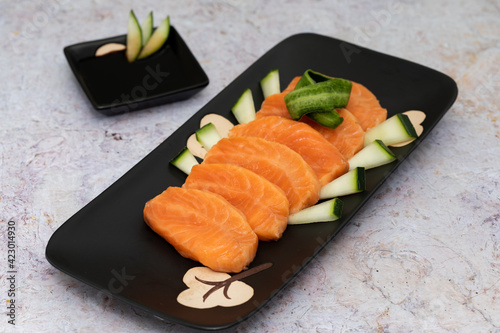 Delicious Japanese food with salmon and soy sauce 