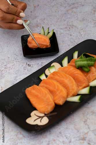 Delicious Japanese food with salmon and soy sauce 