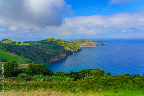 Panorama view to coastline of Sao Miguel island from Santa Iria viewpoint in Azores