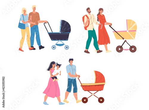 Set of flat cartoon happy family characters couples walking outdoor with baby carriage - young healthy family social concept
