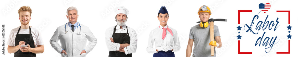 People of different professions and text LABOR DAY on white background People of different professions and text LABOR DAY on white background