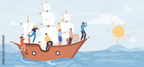 Vector cartoon flat characters sail on ship looking into distance on shiny coin - various poses and person professions - profit searching,business,money investing concept