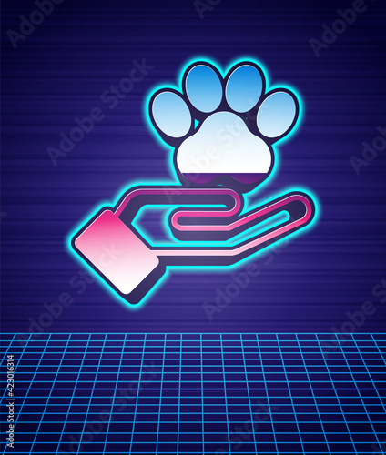Retro style Hands with animals footprint icon isolated futuristic landscape background. Pet paw in heart. Love to the animals. 80s fashion party. Vector