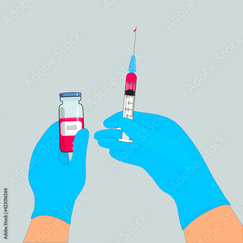 It's time to get vaccinated. Flat concept of a syringe with a vaccine. The doctor's hand holds a syringe. A medicine bottle. Isolated. Vector