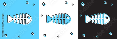 Set Fish skeleton icon isolated on blue and white, black background. Fish bone sign. Vector