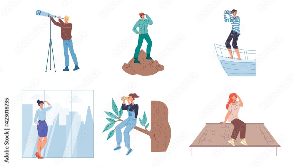 Set of cartoon flat characters looking into the distance using binoculars and hand - various poses,professions and persons,exploration,researching concept