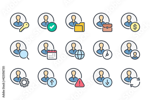 Account and user profile settings color line icon set. Avatar with options  linear icons. Customer profile and web User interface preferences colorful outline vector sign collection.
