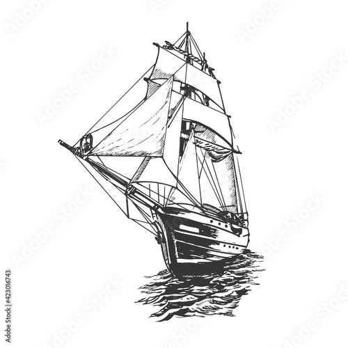 Sailing Ship Sketch Drawing. Sea or River Marine Transport	