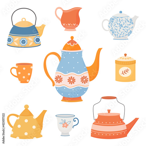 set of colorful teapots and cups In simple cartoon style.