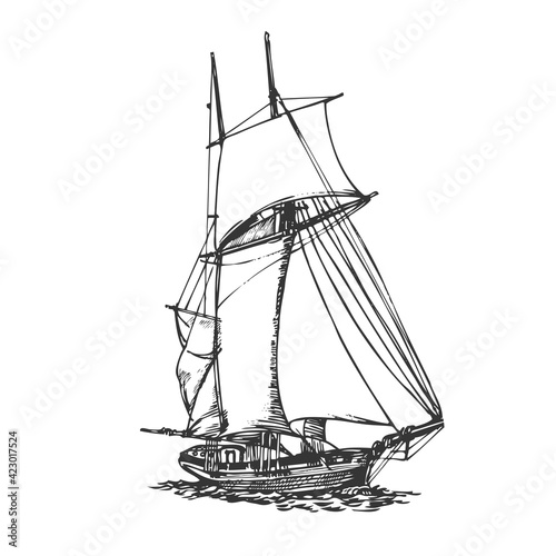 Sailing ship, graphic hand drawing. Sea or river transport, an isolated object. Vector