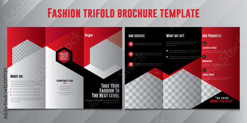 Fashion Tri Fold brochure, Corporate Brochure Vector triple folding brochure for business and advertising. The template is white with a red hexagon and a place for photos. Design for printing.