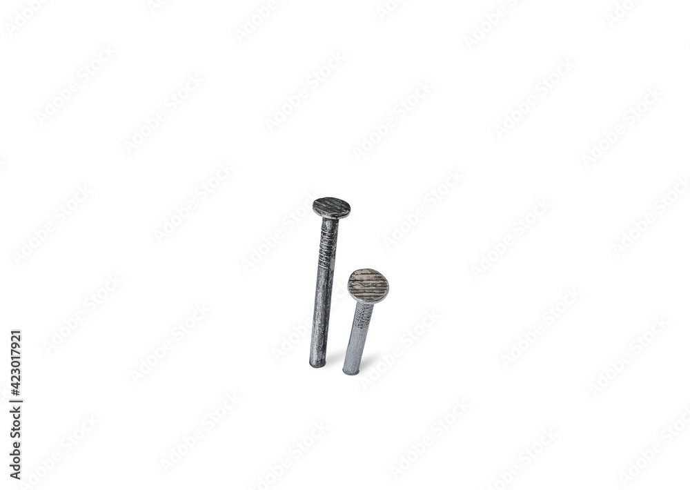 Flat head metal nails are located isolated on white background. Flat head metal nails are located isolated on white background.