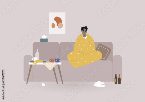 A young male Black character wrapped in a blanket sitting on a sofa surrounded by tea mugs and food leftovers, depression and anxiety concept, mental health issues, daily life during lockdown