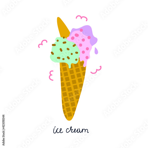 Hand drawn ice cream in the waffle cone. Flat illustration. Summer concept.