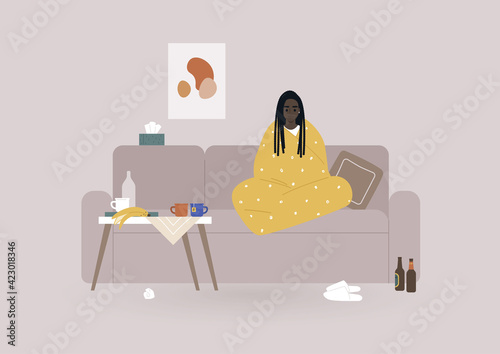 A young female Black character wrapped in a blanket sitting on a sofa surrounded by tea mugs and food leftovers, depression and anxiety concept, mental health issues, daily life during lockdown