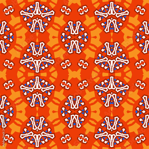 Seamless pattern with ornaments in Asian style with a predominance of orange and yellow. Vector illustration