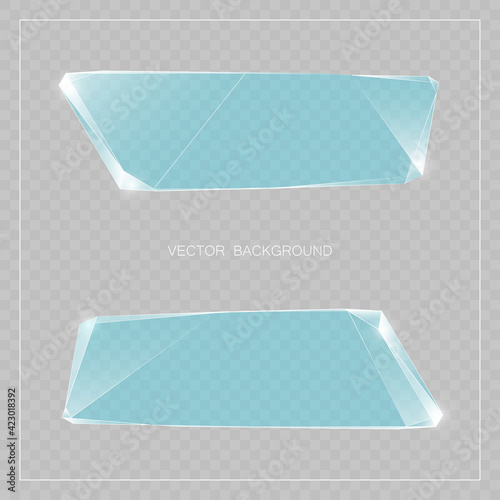 Glass trophy award. Vector abstract banner. Two transparent award backdrop. Original ice shard form. Glacial design shape. Vector freezing label tag. Signature debris strip. Title splinter glass plate