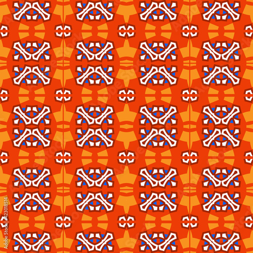 Seamless pattern with ornaments in Asian style with a predominance of orange. Vector illustration