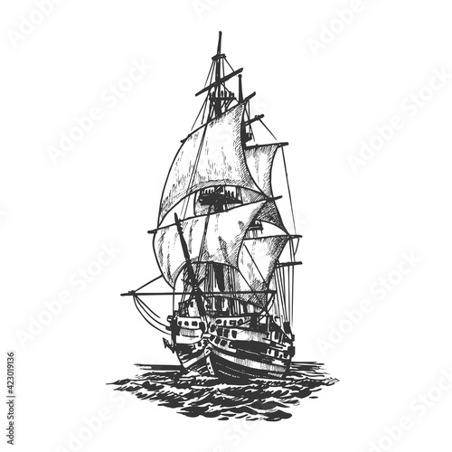 Sailing Ship, graphic hand Drawing. Sea or river transport, an isolated object. Vector