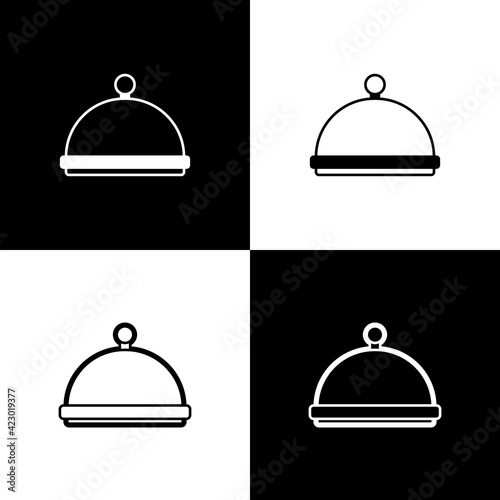 Set Covered with a tray of food icon isolated on black and white background. Tray and lid sign. Restaurant cloche with lid. Kitchenware symbol. Vector