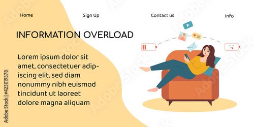 Banner with a girl who is tired of the device. Vector illustration with information overload concept. Perfect for a psychological article, website or poster
