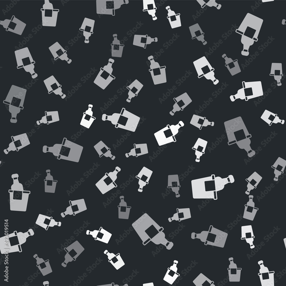 Grey Bottle of champagne in an ice bucket icon isolated seamless pattern on black background. Vector