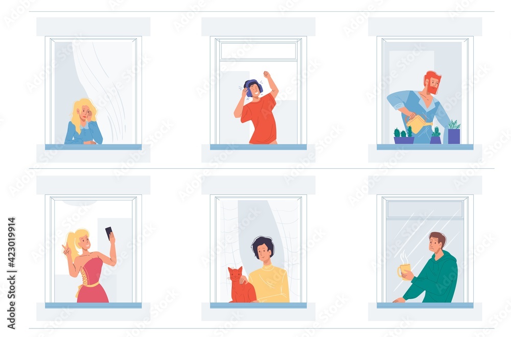 Set of vector cartoon flat characters doing different things in house windows - various poses and emotions,lifestyles,communication and friendship social concept Set of vector cartoon flat characters doing different things in house windows - various poses and emotions,lifestyles,communication and friendship social concept