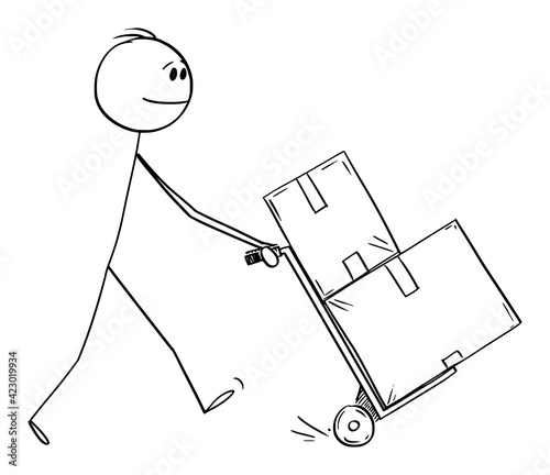 Man Pushing Hand Truck, Concept of Delivery, Logistic or Moving. Vector Cartoon Stick Figure Illustration