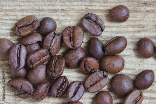 Roasted coffee beans close up. 