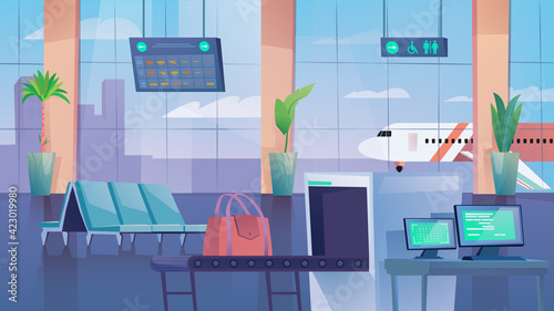 Hall of airport landing page in flat cartoon style. Waiting hall interior with chairs, baggage scanner checkpoint, information panels. Plane outside window. Vector illustration of web background