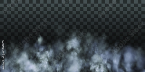 White fog texture isolated on transparent background. Steam special effect. Realistic vector fire smoke or mist 