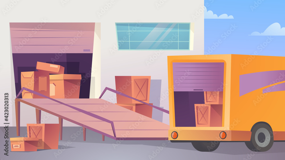 Fototapeta premium Warehouse landing page in flat cartoon style. Unloading or loading truck with parcels. Post mail or cargo freight boxes, delivery logistics, shipment process. Vector illustration of web background