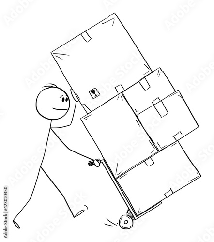 Man Pushing Hand Truck, Concept of Delivery, Logistic or Moving. Vector Cartoon Stick Figure Illustration