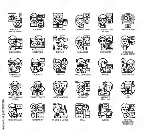 Set of cyberbullying thin line and pixel perfect icons for any web and app project.