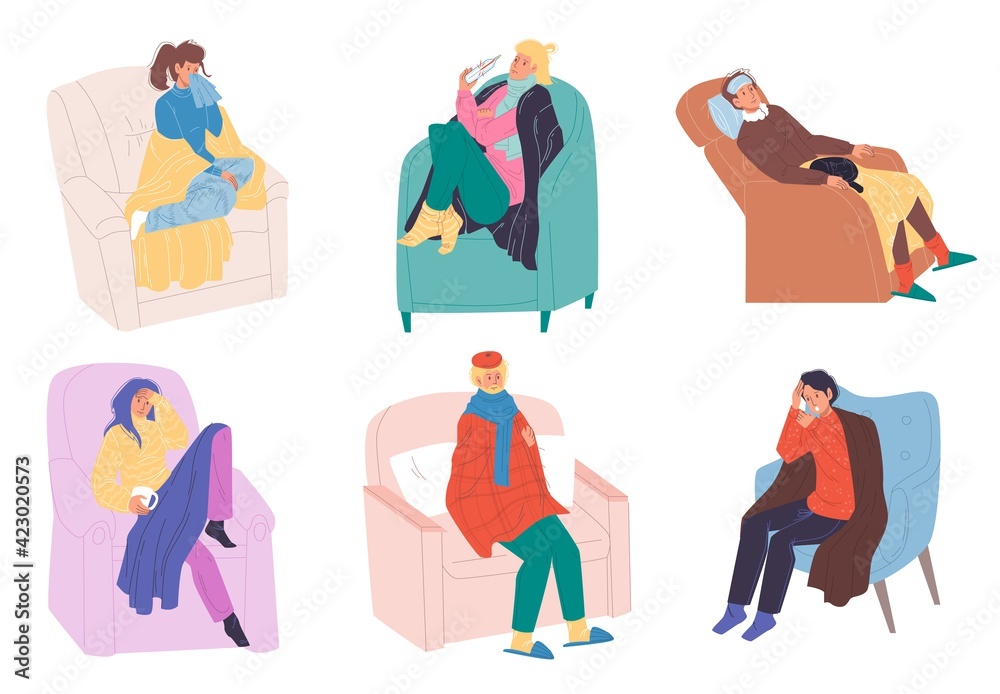 Set of vector cartoon flat patient characters with common diseases symptoms indoor at home quarantine self isolation,various sick persons-different disease treatment and therapy medical concept