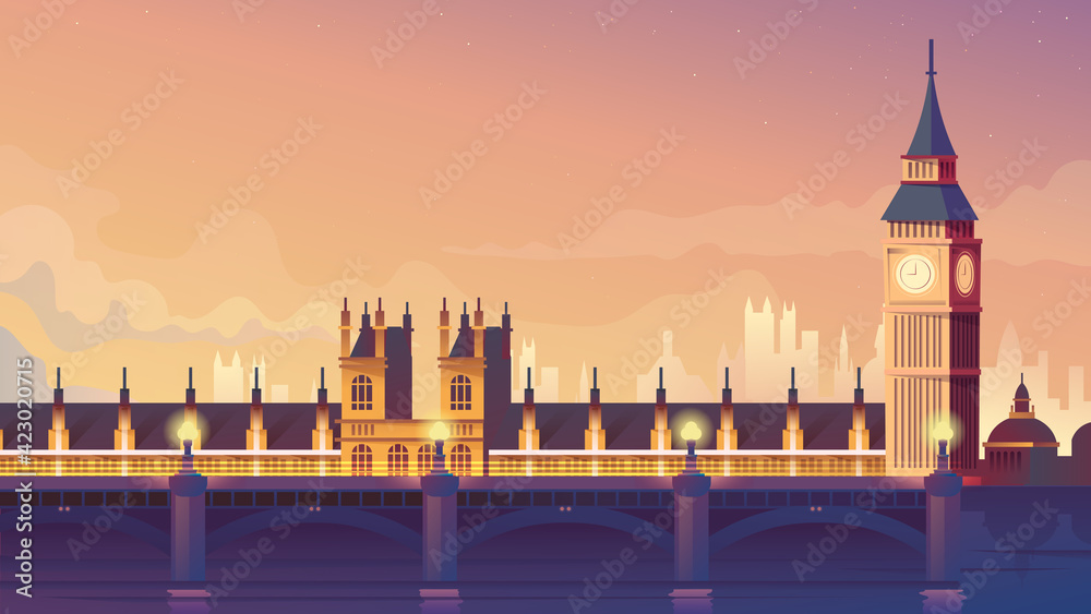 London landing page in flat cartoon style. Westminster bridge and Big Ben. Night city panorama, urban landscape. Business travel and travelling of landmarks. Vector illustration of web background