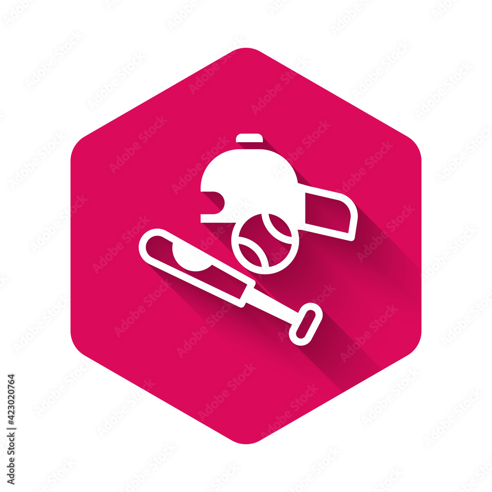 White Baseball bat with ball, hat icon isolated with long shadow background. Pink hexagon button. Vector White Baseball bat with ball, hat icon isolated with long shadow background. Pink hexagon button. Vector