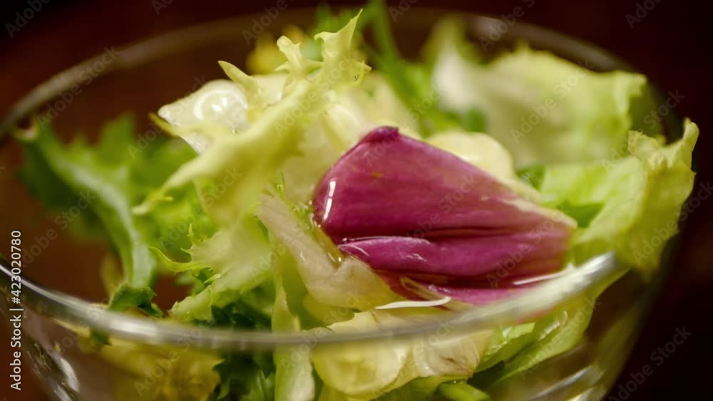 Olive oil dressing fall on fresh lead-salad mix. Vegetarian healthy meal Olive oil dressing fall on fresh lead-salad mix. Vegetarian healthy meal